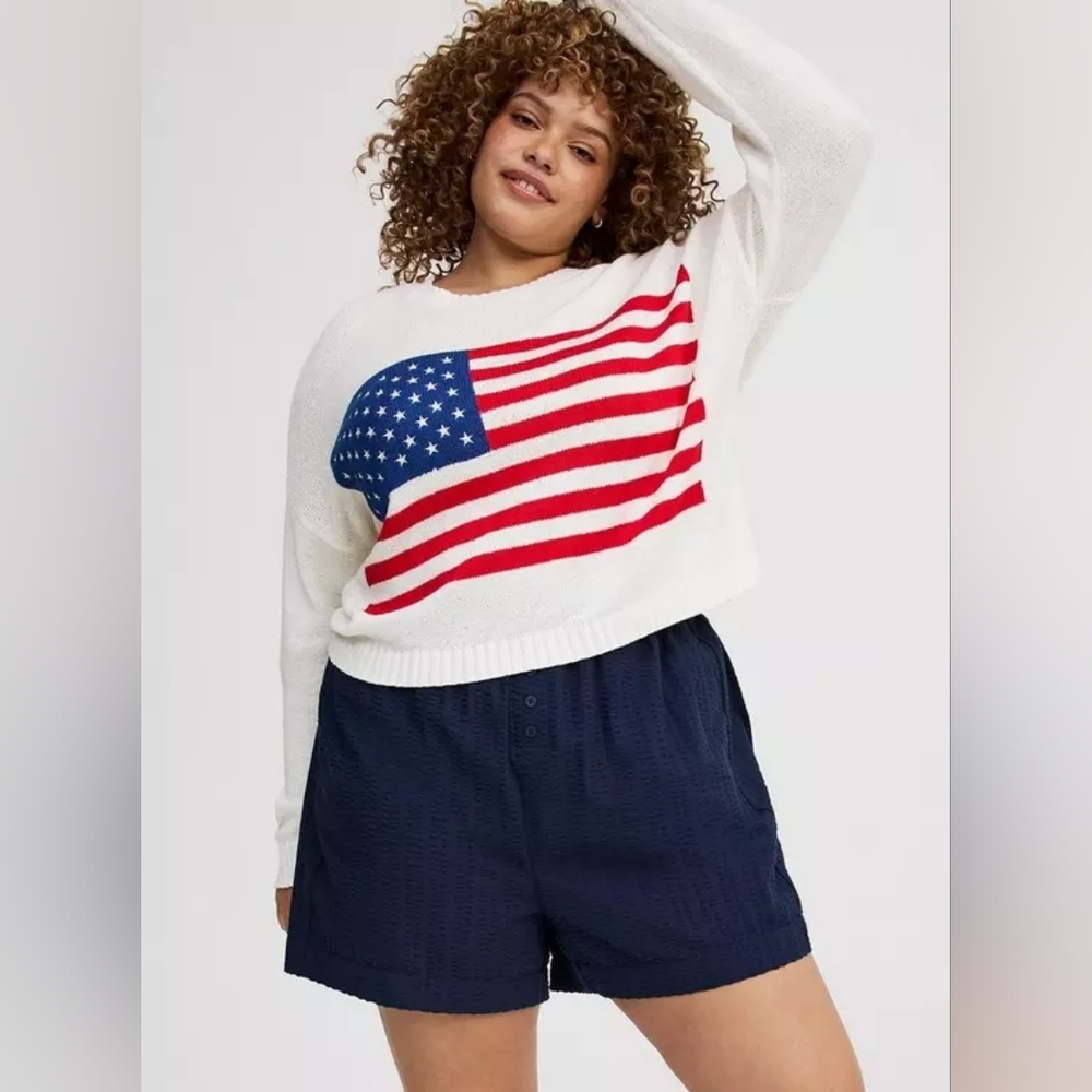 TORRID White Crewneck Sweater with Red White & Blue American Flag Graphic - Picture 12 of 15